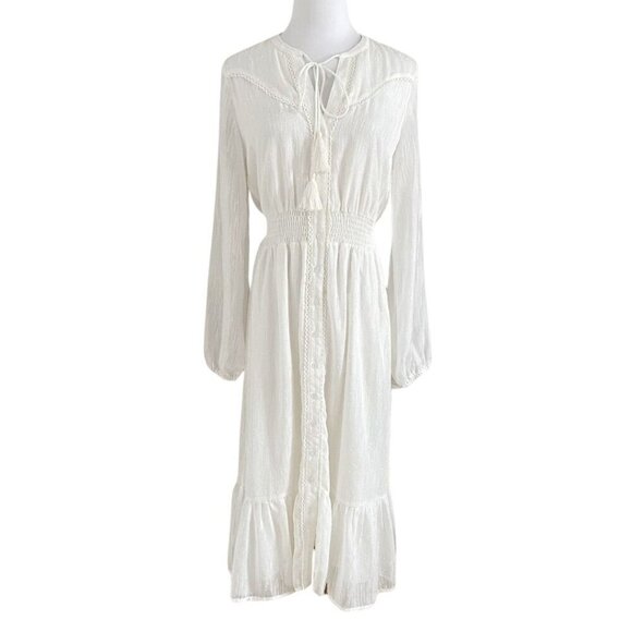 LOST + WANDER WHITE TEXTURED BUTTON FRONT SMOCKED WAIST TASSEL MAXI DRESS - S - Picture 1 of 10